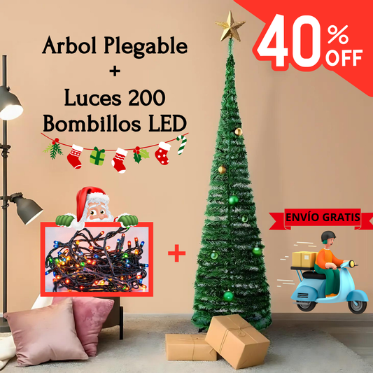 Arbol de Navidad Plegable 1.60 metros + Extensión de Luces de 200 Bombillos