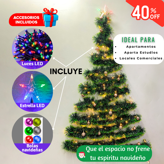 Arbol Navideño de Pared (1.50m de alto) + Bolas Navideñas + Luces LED + Estrella LED