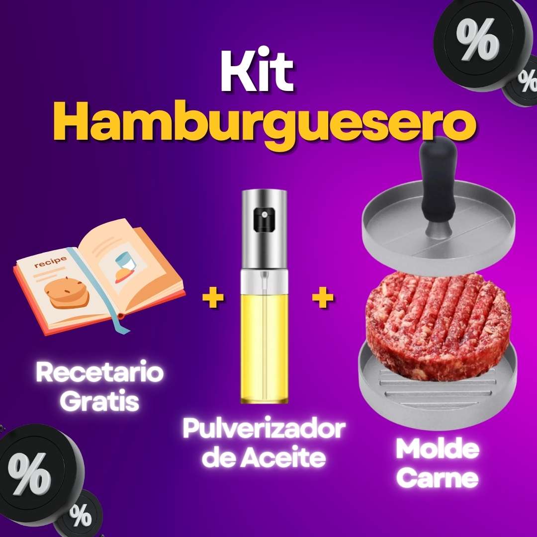 Kit Hamburguesero: Molde Carne + Pulverizador de Aceite + Recetario GRATIS